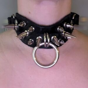 NEW Unisex Real Black leather spiked collar with O-ring fetish